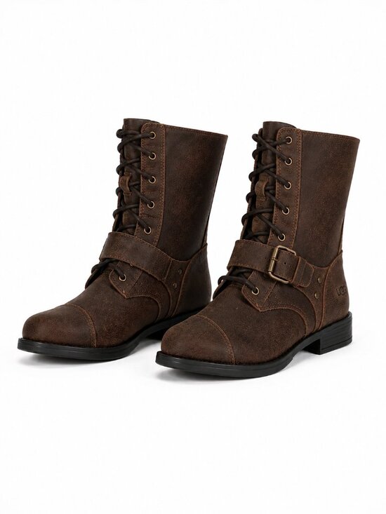 UGG Shoes - UGG Marela Dark Brown Lace Up Buckle Moto Combat Boots Women’s 8